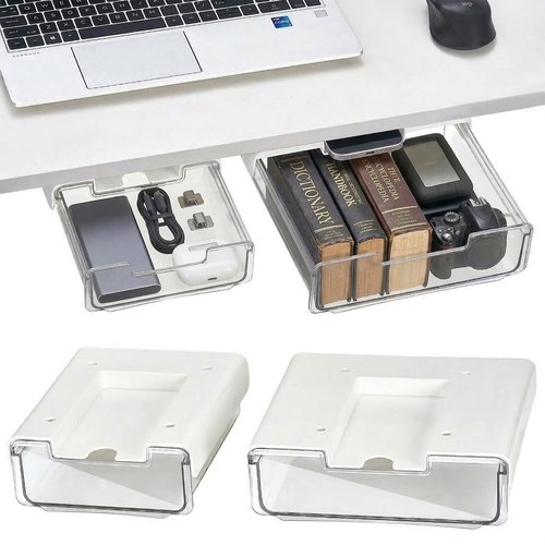 OrgaFocus 2 Pack Under Desk Hanging Drawer Slide Pull Out, Attachable Clear Acrylic Storage Tray, Easy Hidden Self Adhesive Mount Cabinet Shelf Holder for Tables, Home & Office, Counters, Workstation