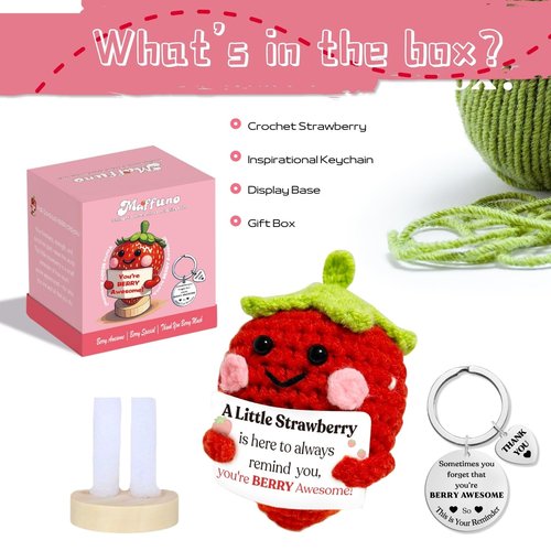 Maffuno Positive Crochet Strawberry Gifts for Women: Easter Basket Stuffers Birthday Gifts for Friend Daughter Mom Sister Her, Handmade Strawberry with Emotional Cheer Up Support Card (Berry Awesome)