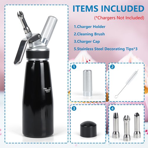 NATUREKIT Whipped Cream Dispenser 500ml – 1 Pint Aluminum Cream Canister with 3 Nozzles & Cleaning Brush – Leak-Proof Whip Cream Maker for Desserts, Toppings, N2O Charger not Included