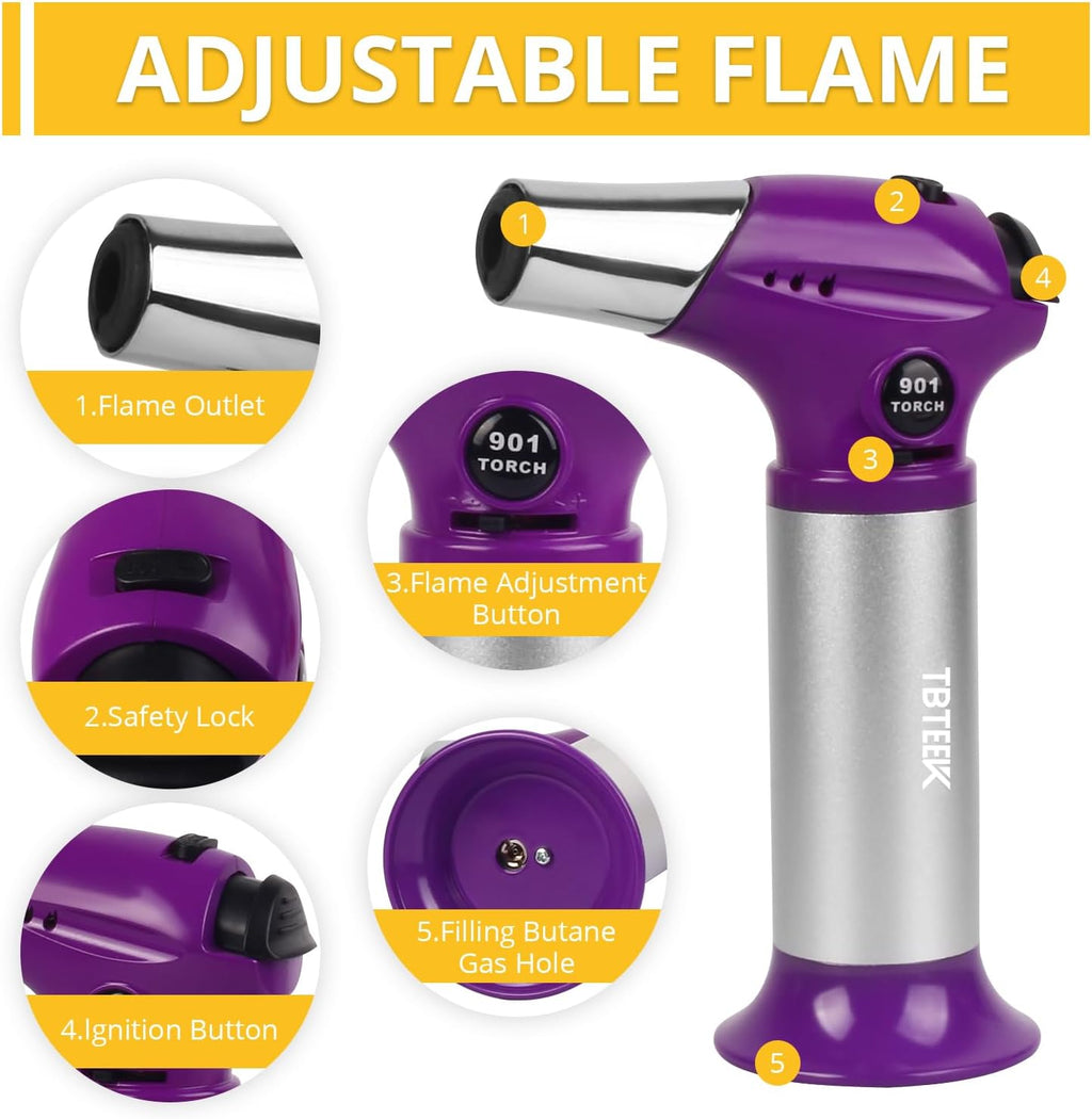 TBTEEK Butane Torch T901 - Adjustable Flame Kitchen Torch with Safety Lock for Cooking & BBQ | Purple