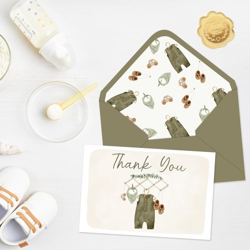 Whaline 50 Pack Baby Shower Thank You Cards Boxed Vintage Green Cloth Note Cards with Envelopes Stickers Greeting Blank Cards for Birthday Baby Shower