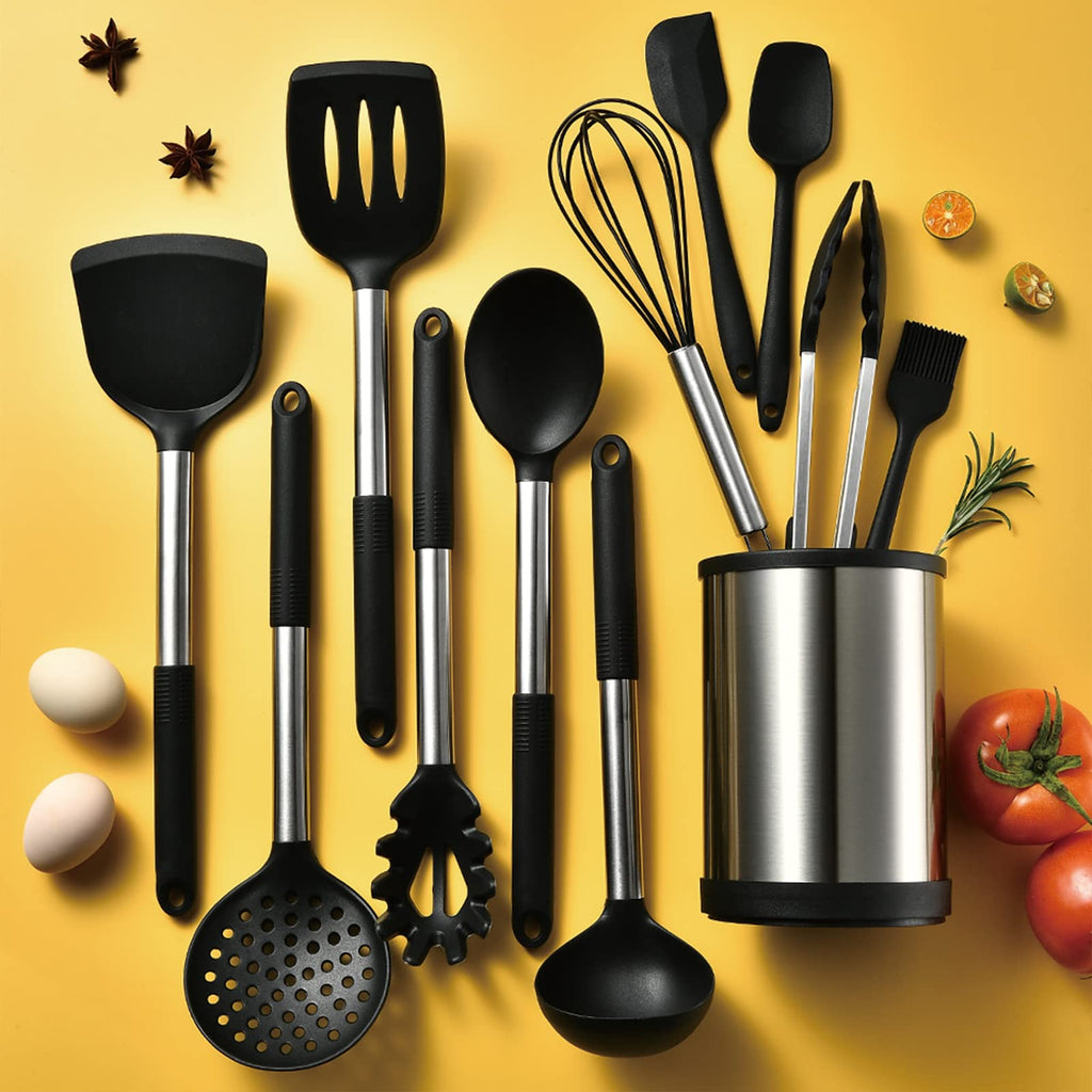 Keidason Kitchen Cooking Utensils Set, 12-piece Non-stick Kitchen Silicone Utensils Set Heat-resistant Stainless Steel Handle,BPA-Free, Kitchen Tool Set (Black)