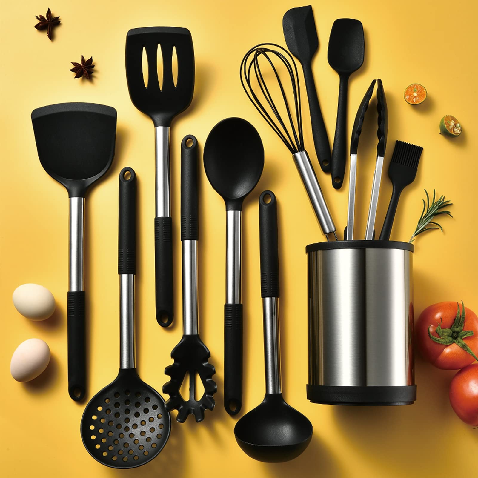 Keidason Kitchen Cooking Utensils Set, 12-piece Non-stick Kitchen Silicone Utensils Set Heat-resistant Stainless Steel Handle,BPA-Free, Kitchen Tool Set (Black)