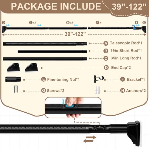 YNL Tension Curtain Rods No Drilling, One-Click Extra Long Heavy Duty Tension Rod 39-122Inch, Outdoor Curtain Rods for Patio, Window or Bathroom, Easy to Install, Renter Friendly, No-slip, Black