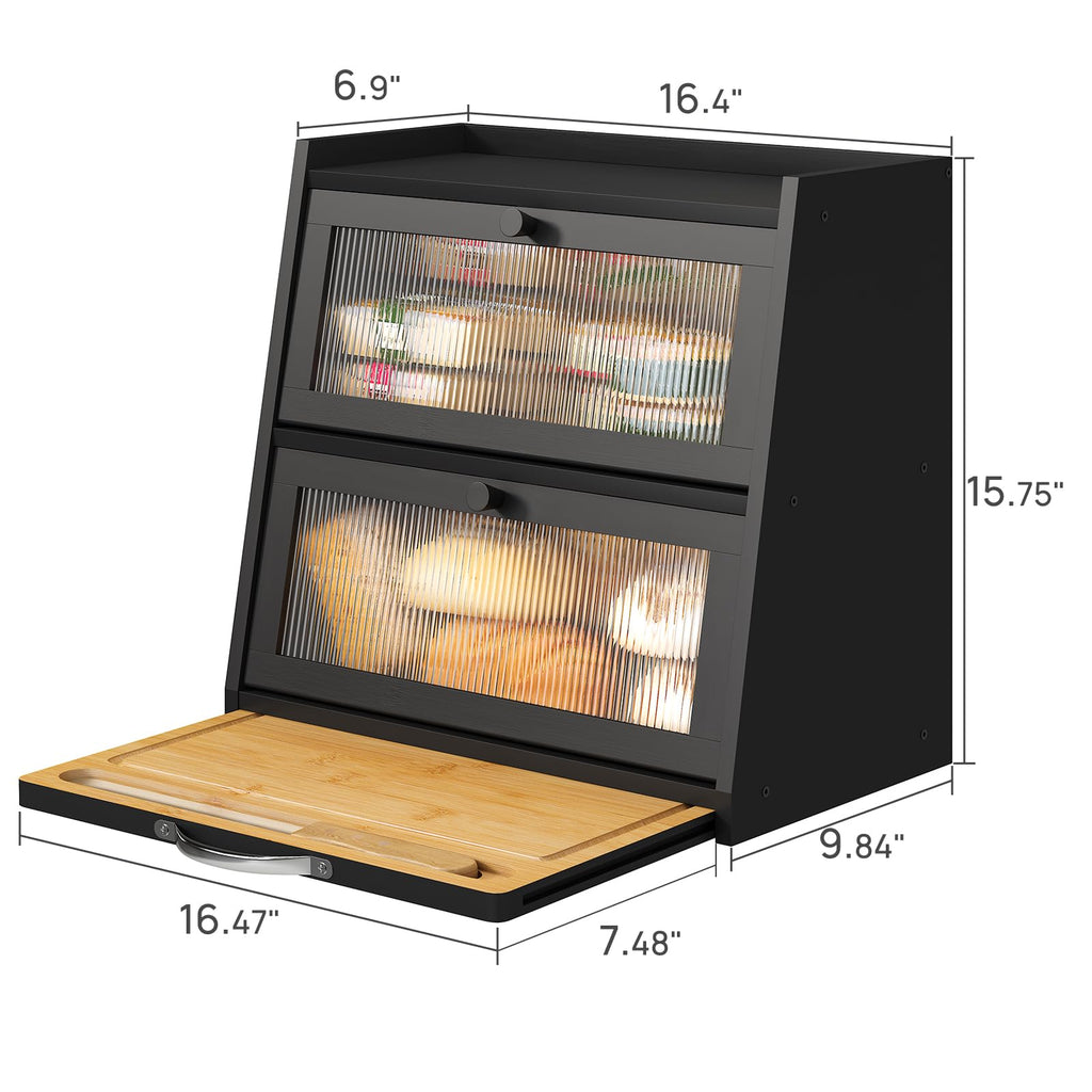 viewcare Bread Box for Kitchen Counter, Black Bread Box With Cutting Board, Bamboo Wood Large Capacity Bread Storage Bin with Acrylic Wavy Door Panel