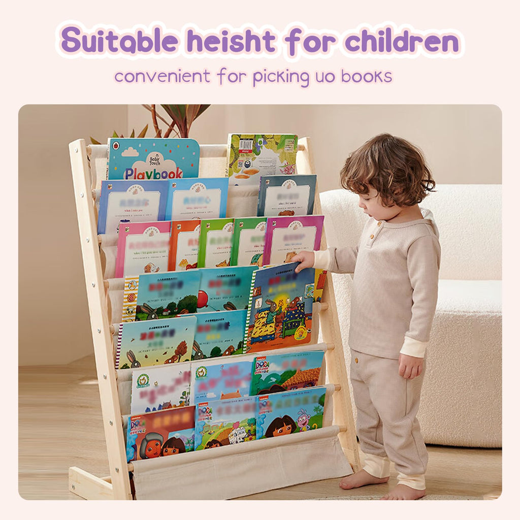 YCWSPEMR 6-Tier Kids Bookshelf – Child-Safe Wooden Book Shelf with Cotton Linen Fabric, Holds 100+ Books, Baby Bookshelf & Toddler Bookcase Organizer for Nursery, Playroom & Kids Rooms