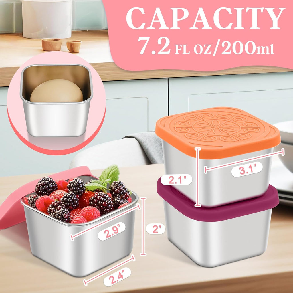 Qukaka Stainless Steel Snack Containers - Leak-Proof, Easy Open, 7.2oz | Reusable Lunch Box Set (3-Pack)