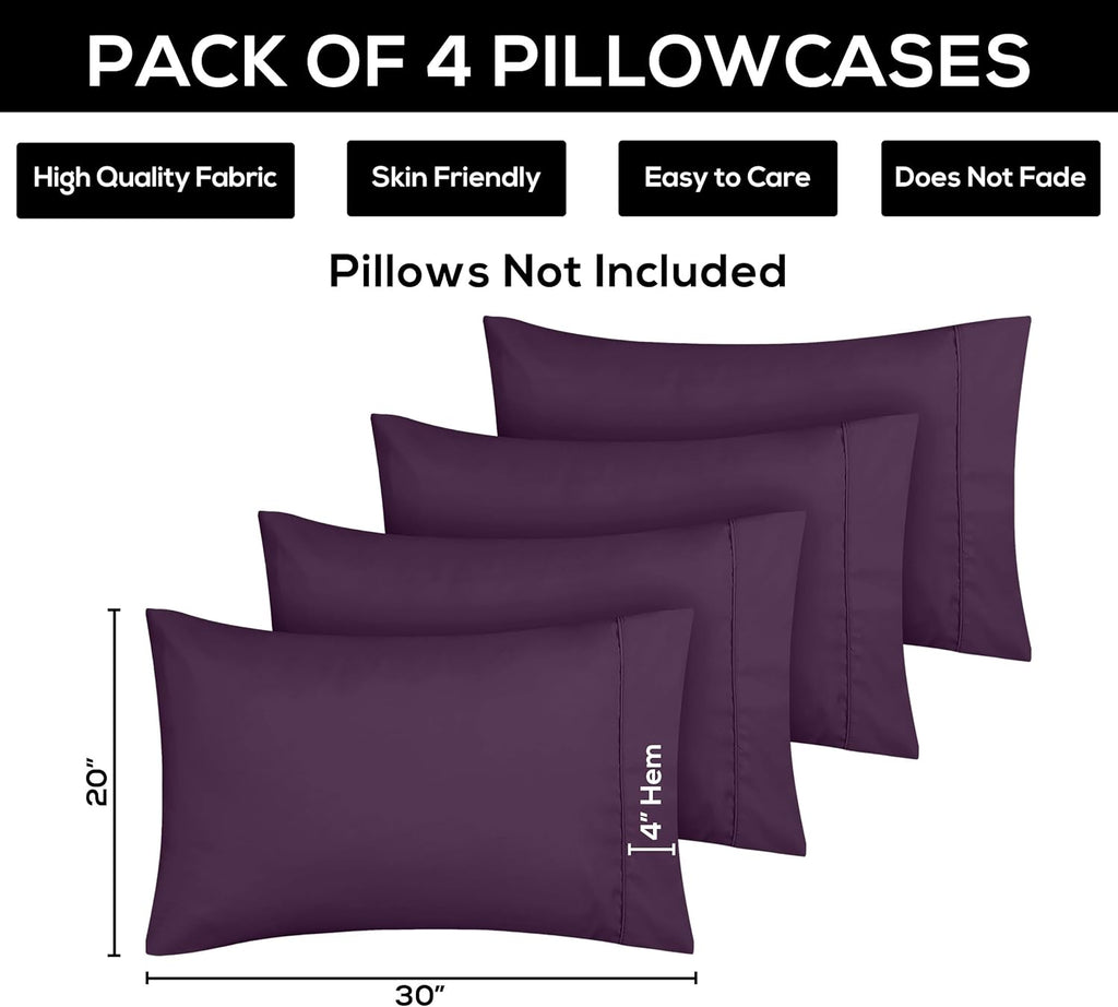 Utopia Bedding King Pillow Cases - Soft Brushed Microfiber - 4 Pack, Fade Resistant - 20 X 40 Inches, Purple
