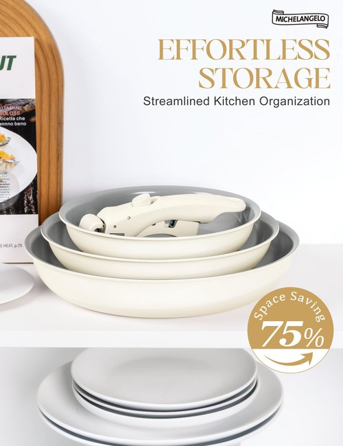 MICHELANGELO Ceramic Frying Pan Set, 8" 9.5" and 11" Fry Pans with Removable Handle, Nonstick Skillet Sets with Non Toxic Coating, PFOS & PFOA Free, Induction Compatible, Beige