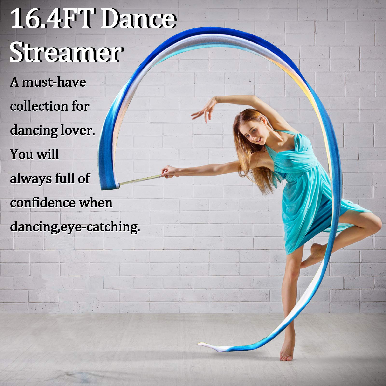 KIKIGOAL 16.4FT Dance Streamer Gymnastics Dance Ribbons Belly Dance Real Silk Ribbon Throw Streamer with Rod for Talent Shows, Artistic Dancing, Baton Twirling, Church Praise etc (Gradual Blue)