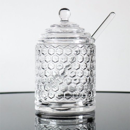 Iyulania Glass Honey Jar with Lid and Dipper, Honeycomb-Inspired Design Container, Heavy Honey Pot for Home Kitchen (10 oz)