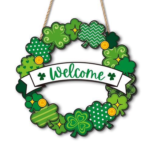 St. Patrick’s Day Decorations, Welcome Shamrock Door Sign, Clover Wooden Hanging Sign, St. Patrick’s Day Shamrock Wreath Door Hanger for Front Door Porch Wall Entryway