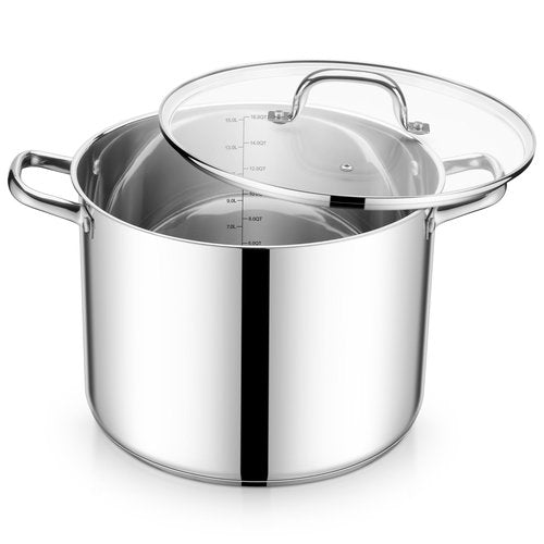 E-far 16 Quart Stainless Steel Stock Pot, Large Heavy Duty Induction Stockpot with Glass Lid for Cooking Soup Canning, Thick Tri-Ply Bottom & Riveted Handle, Compatible with All Stove, Dishwasher Safe
