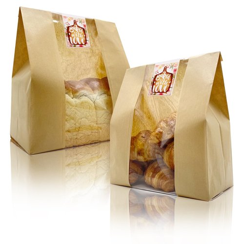 BIUBIU 16x10x5 inch Extra Large Paper Bread Bags for Homemade Bread with Window & Sticker for XL Sourdough Bread, Supersized Bread Loaf, Baked Goods, Packaging for Gifting-Brown Kraft 50Pcs