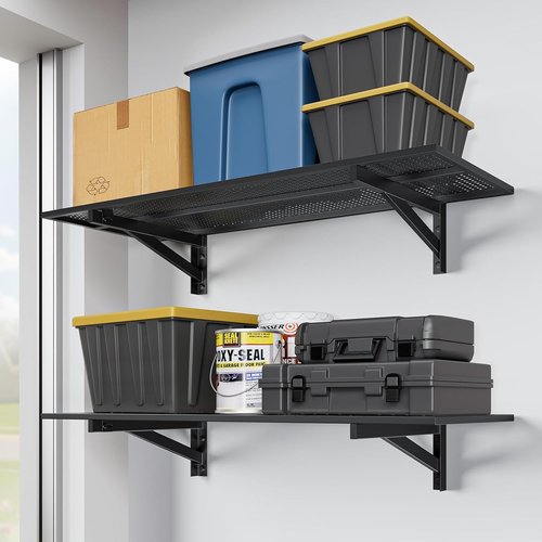 Jusgym Heavy Duty Garage Wall Shelving - 700lbs Capacity | 2 Pack, 1.5x4ft, Black Floating Storage Racks