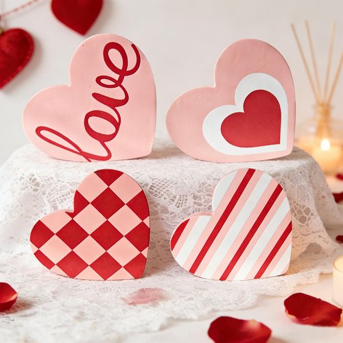 Cherica Valentines Day Decorations Wooden Signs，Heart Shaped Decor for Galentines,Romantic Valentines Day Decortions for Home,Tiered Tray,Shelf,Mantel,Party in 4 Styles