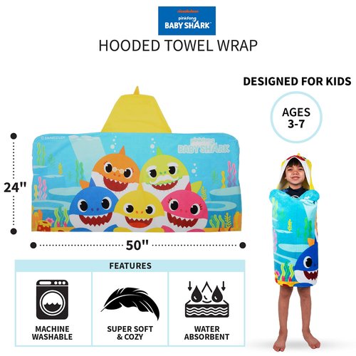Franco Kids Bath and Beach Soft Cotton Terry Hooded Towel Wrap, 24" x 50", Baby Shark