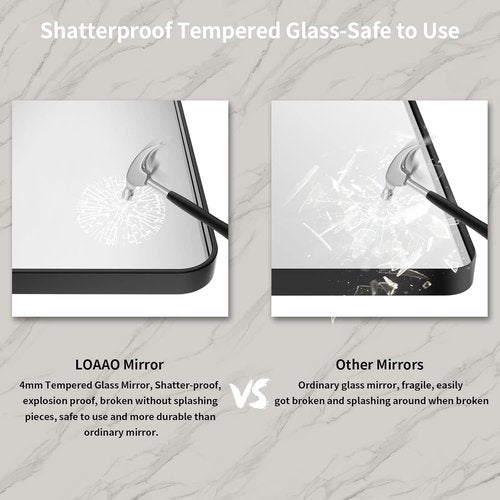 LOAAO Black Metal Framed Bathroom Mirror - 40x32 Inch Large Rounded Rectangle, Anti-Rust Tempered Glass