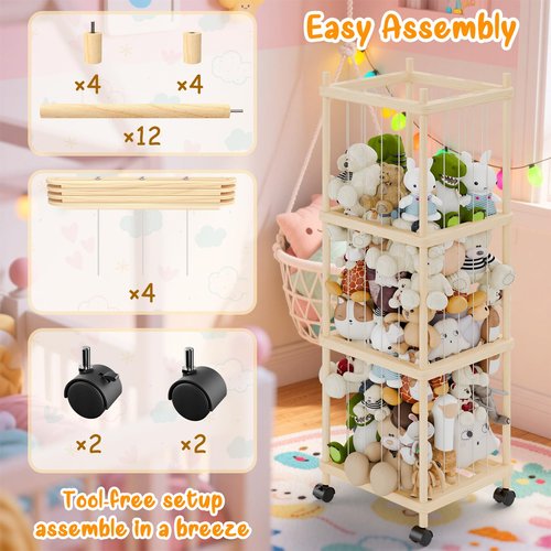 Subbox Stuffed Animal Storage and Holder - Large Size Wooden Animals Zoo Toy Organizer with Elastic Bands, Swivel Wheels and Castle Stickers, For Toddler Rooms, Playrooms, Bedrooms(58x16x16inch)
