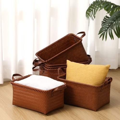 Reallnaive 6 Pcs Wicker Storage Basket with Handle, 15"x 11" x 7.9" Handmade Rattan Woven Laundry Basket for Organizing Shelf Blanket Car Bedroom Room Bathroom Storage, Brown