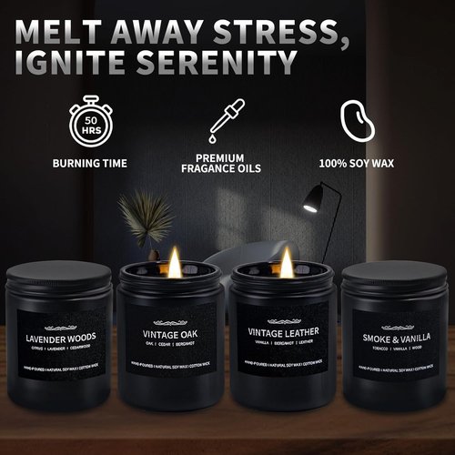 Scented Candle Set, Men Candle Set, Scented Candles for Home, Gifts for Men, 4 Pack Manly Candles Gifts for Mens Scents of Smoke Vanilla/Leather/Oak/Lavender Wood