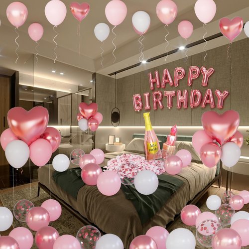 Rose Gold Happy Birthday Decorations for Women Pink and Rose Gold Biirthday Balloons Letters Banner with Heart-Shaped Champagne Bottle Lipstick Balloons Rose Petals for Room Birthday Party Decor