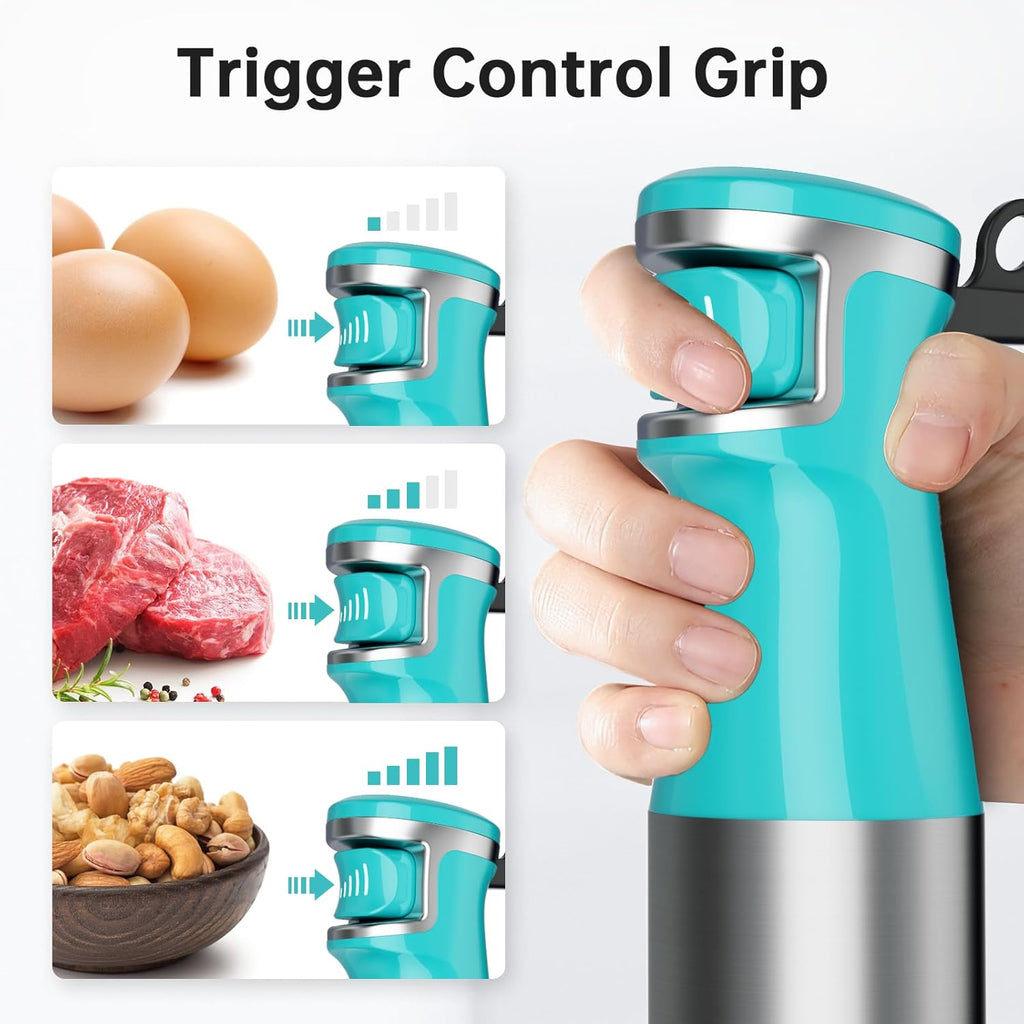 Skiennix Immersion Blender - 1100W Handheld Stick Mixer with Variable Speed, Chopper, Whisk & Frother - Cyan Blue