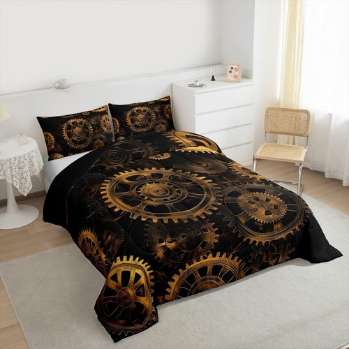 Golden Ndustrial Gear Comforter Set Twin Size Steampunk Style Bedding Set Clocks Theme Bedding Sets & Collections For Kids Boys Teens Men Mechanical Device Quilt Set,Retro Style Bedroom Decor
