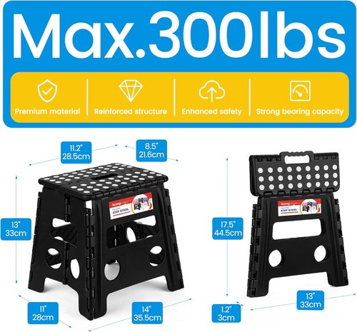 ACSTEP Folding Step Stool - Heavy Duty 13-Inch Premium Foldable Stool for Kitchen & Garden | Black