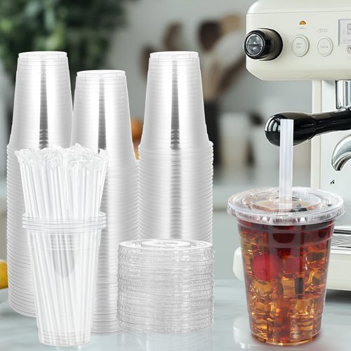 Kuerqi 100 Sets 16 Oz Plastic Cups with Lids and Straws, Iced Coffee Cups with Lids, Disposable Clear Plastic Cups with Lids for Iced Coffee, To-Go Drinks and Smoothies, Lemonade Stand Supplies