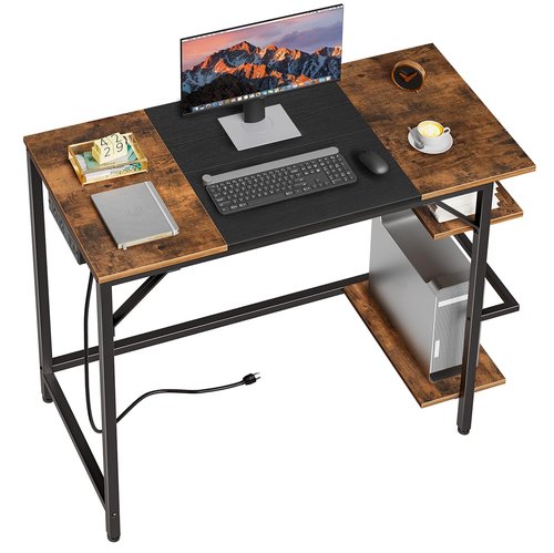 HOOBRO Computer Desk, Home Office Desk with Power Outlet, Writing Desk with 2 Shelves, Modern Small Desk for Home Office, Study, Easy to Assemble, Rustic Brown and Black BF43UDN01