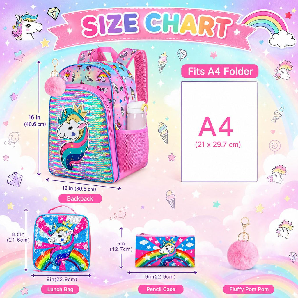 AGSDON 3PCS Unicorn Backpack for Girls, 16" Little Kids Sequin Preschool School Bookbag and Lunch Box