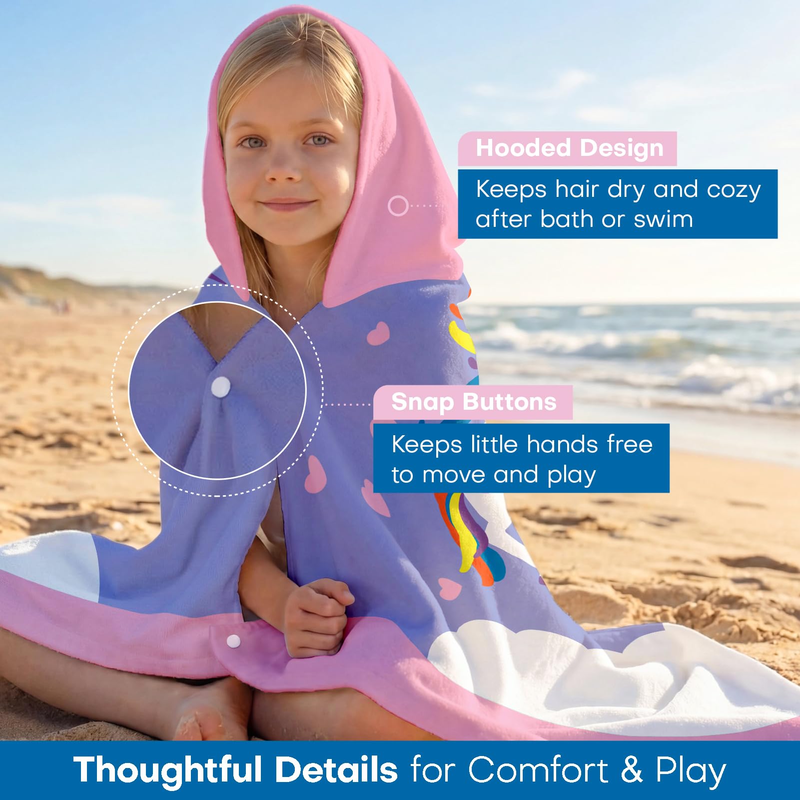 Kids Hooded Beach Towel, 100% Cotton Super Soft and Absorbent Bath Towel, 50" x 30" Large Size with 2 Snap Buttons for Ages 3-10, Cozy Cover Up for Pool, Beach, and Bath Time (Mermaid Unicorn)