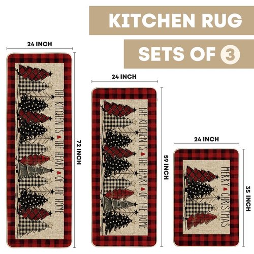 Artoid Mode Red Xmas Trees Buffalo Plaid Merry Christmas Kitchen Mats Set of 3, Winter Decor Low-Profile Kitchen Rugs for Floor - 24"x35"+24"x59"+24"x72"