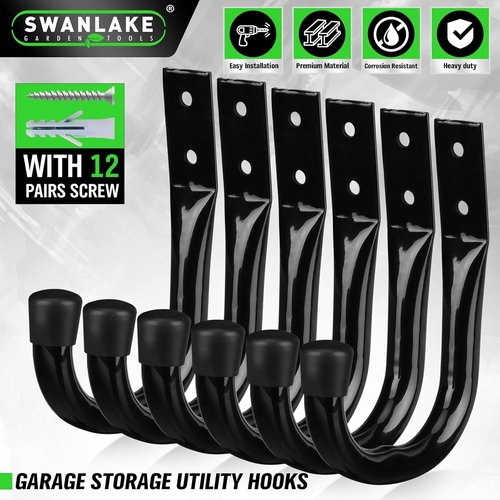 Heavy Duty Garage Storage Hooks - 6-Piece Bike Hooks for Wall Mount | Large Metal Organizer