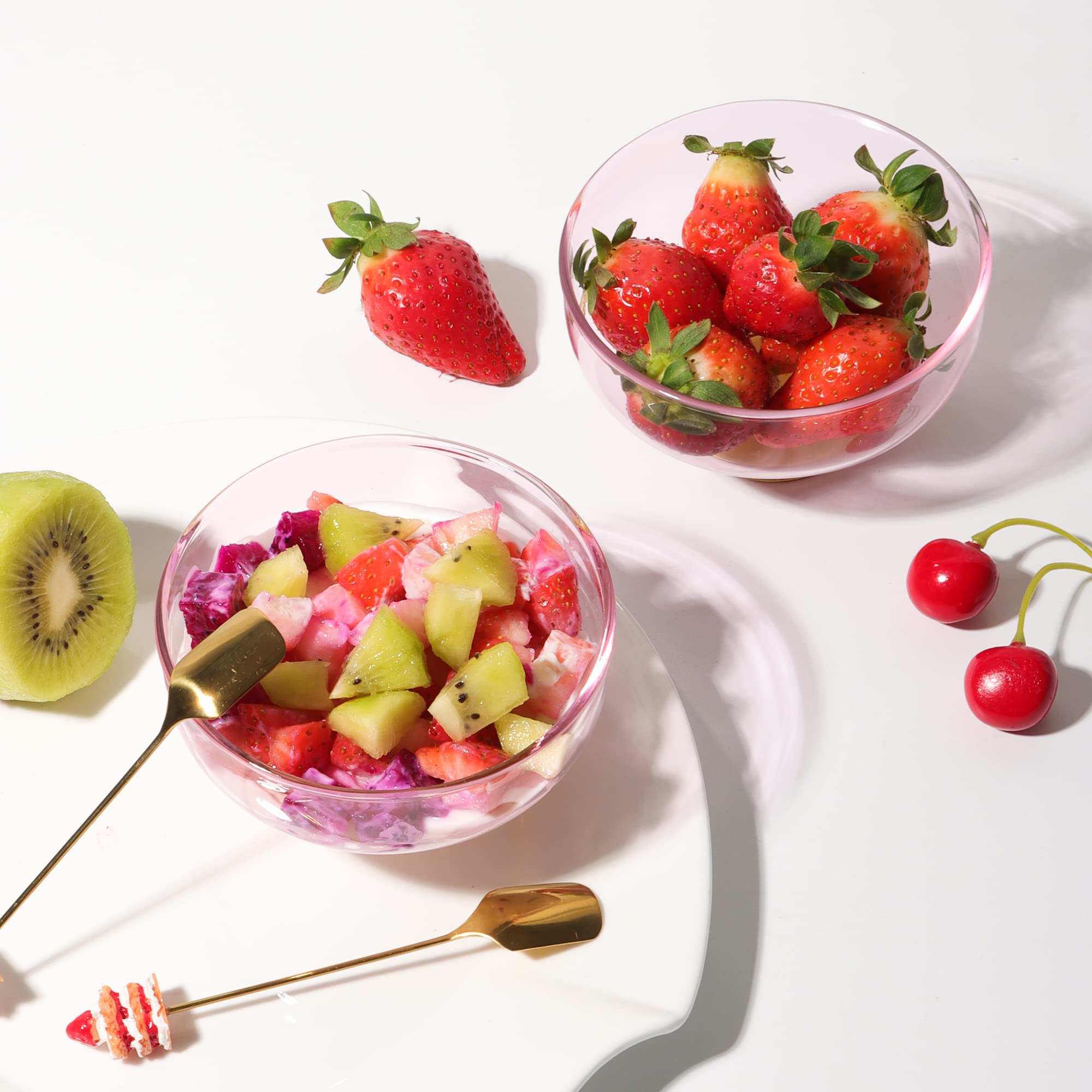 SERdeerCH Pink Glass Dessert Bowls Set of 2 Ice Cream Bowl with 2 Gold-Plated Spoons Decorative Microwave Safe for Fruit,Snack,Candy Glass Bowl Set