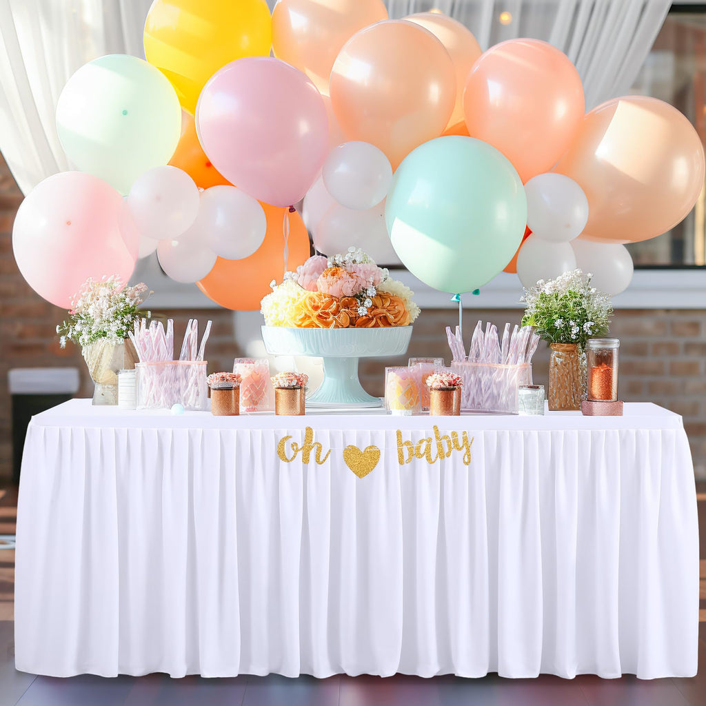 Party Talk White Polyester Table Clothes for 4 Foot Rectangle Tables, Wrinkle Free Fitted Table Cover 4ft Stretch Tablecloths with Skirt for Parties Weddings Birthday Banquet Baby Shower