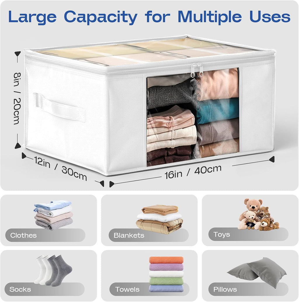 Skiennix Clothes Storage Bags - Foldable Thick Fabric with Clear Window & Carry Handles | 4-Pack, White