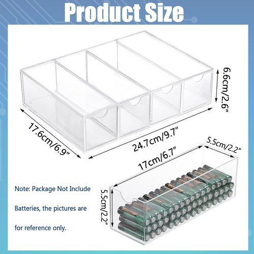 BTSKY Clear Acrylic Battery Storage Organizer - 4-Drawer Holder for AA, AAA, 9V & C Batteries