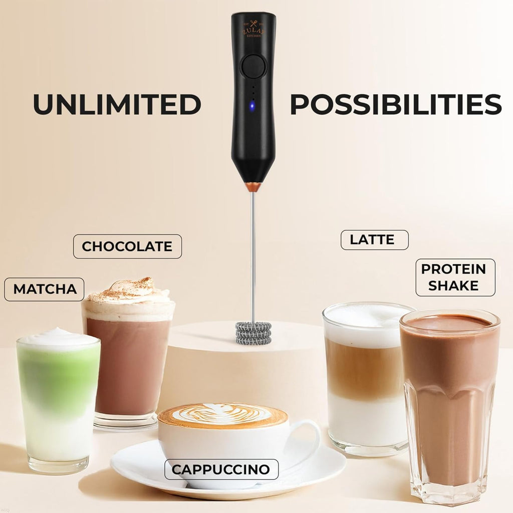 Zulay Kitchen Rechargeable Milk Frother - Dynamic - 3 Speeds, 3 Whisk Attachments, 500 mAh USB Charging, Drink Mixer For Latte, Cappuccino, Matcha, Protein Powder, Coffee Foam - Black Copper