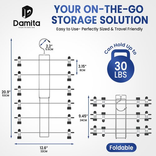 DAMITA Skirt Pants Hangers with Clips Space Saving Hanging Closet Organizer 6 Tiers Hanger with 360° Swivel Hook, Finger-Safe Design- College Dorm Room Apartment Essentials 1-Pack