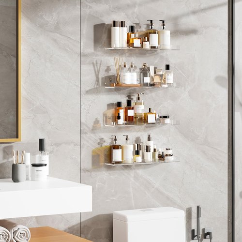 Dooiclear 4 Pack Floating Shelves for Wall, 15" Clear Book Shelf, Acrylic Floating Wall Shelf, Display Shelves Organizer for Bathroom, Classroom, Bedroom, Living Room, Kitchen, Room Decor
