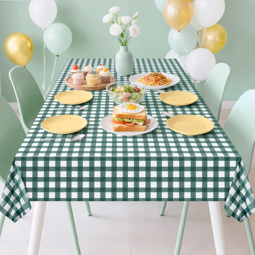 Skiennix Sage Green Striped Gingham Tablecloth - Waterproof Disposable Plastic, 54 x 108 Inch for Events