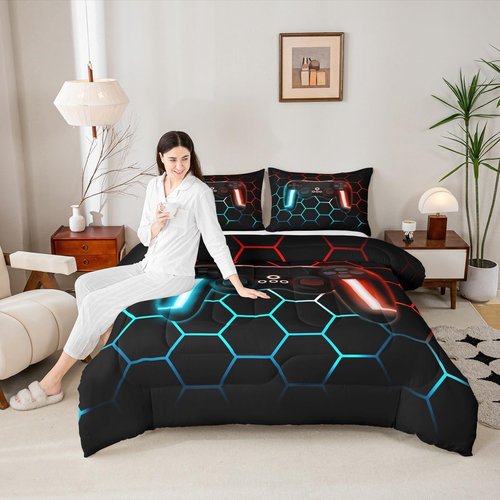 Erosebridal Game Comforter Sets for Boys Gamer Bedding Sets for Boys Queen Lightweight,Teens Modern Gradient Gaming Down Comforter Gamer Home Decor Goemetric Honeycomb Quilted Duvet + 2 Pillowcases