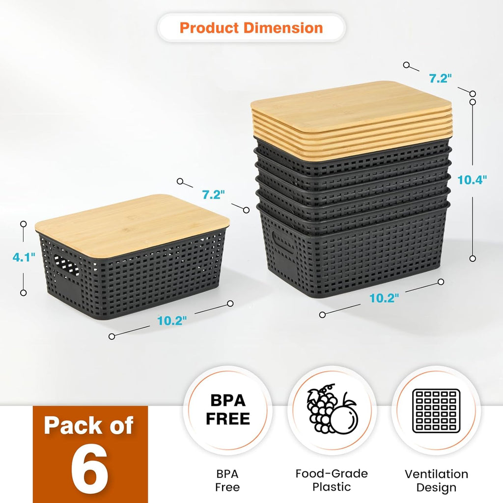 Ohmlove Plastic Storage Baskets - Stackable Containers with Bamboo Lid for Organizing | 6 Pack