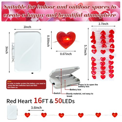 pozzolanas LED Heart Fairy Lights Battery Operated, 50 LED 17FT Copper Wire Mini String Lights Waterproof Starry Lights for Bedroom,Halloween,Christmas,Parties Wedding Decoration (Red, 1 Pack)