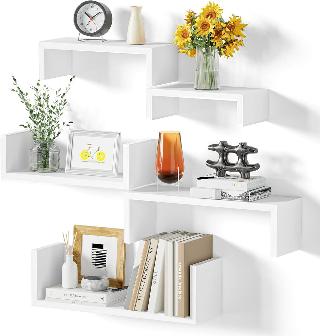 SRIWATANA Floating Wall Shelves - Set of 5 Wood Shelves for Home Decor | Versatile for Bathroom, Bedroom, Kitchen, Office - Washed White