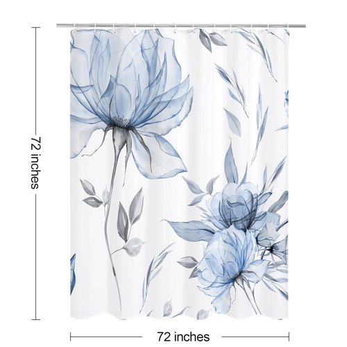Litabel Blue and Grey Boho Watercolor Floral Shower Curtain, Ink Painting Style Blossom & Leaf Shower Curtains for Chic Elegant Bathroom, Artistic Fabric Cloth Flower Shower Curtain, 72x72