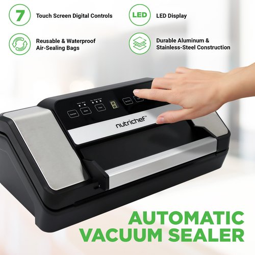 NutriChef Vacuum Sealer for Food with Easy Lock Handle, Countertop Vacuum Sealer Machine for Dry, Moist, Liquid Items, Works with Reusable Vacuum Seal Bags and Rolls, Preserves Freshness