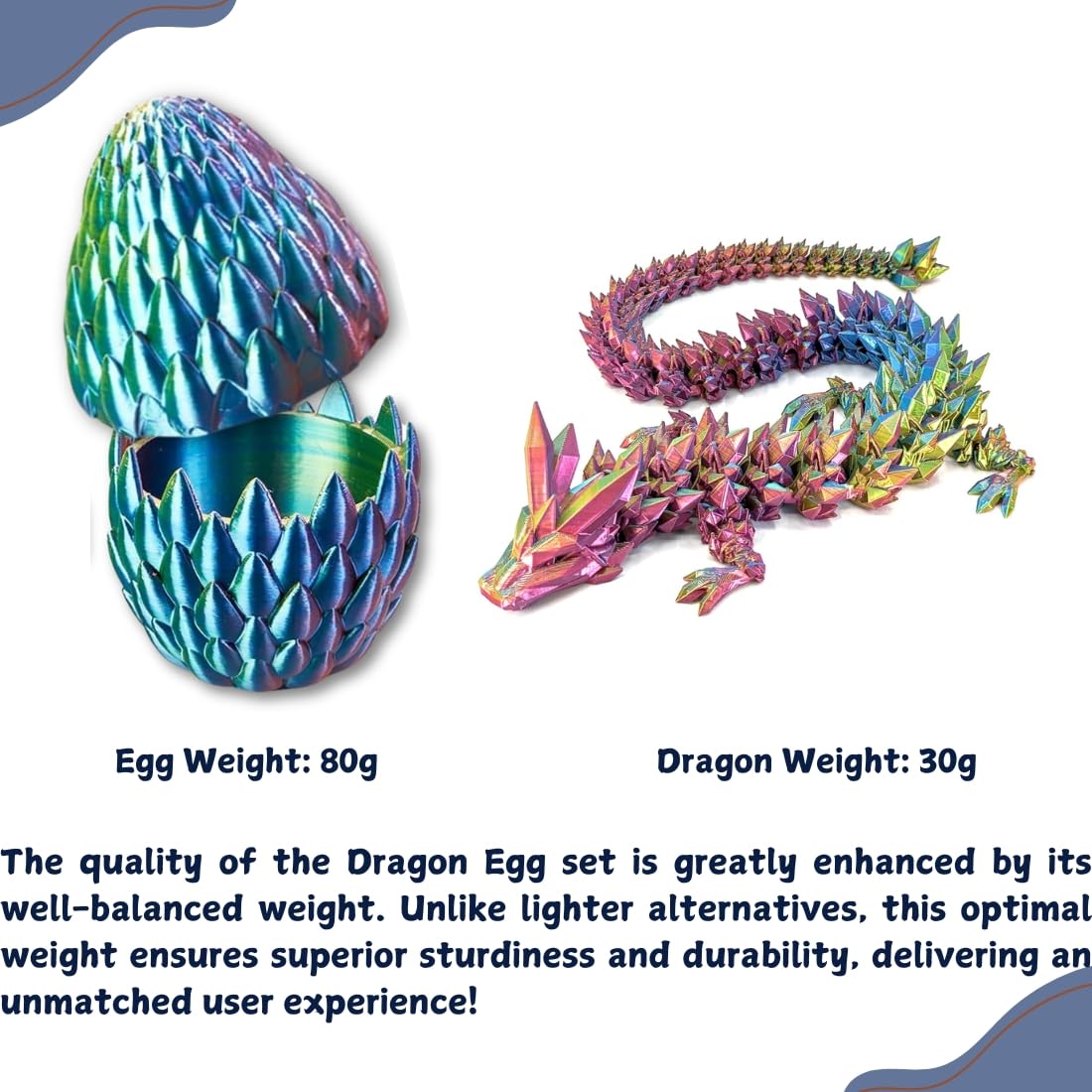 POIVOCF 3D Printed 12” Articulated Crystal Dragon Inside 5.1” Egg – Fantasy Collectible, Fidget Toy & Stocking Easter Basket Stuffers for Home & Office Decor (Multicolor).